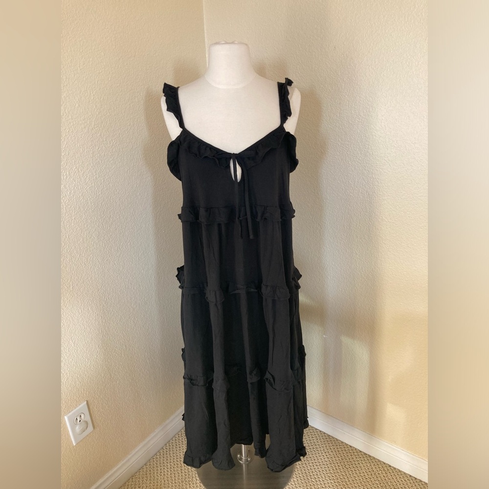 NWT J. Crew black spaghetti strap black ruffle tiered long dress Size S